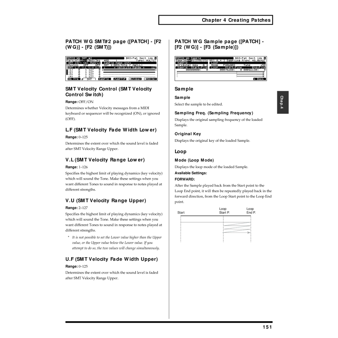 Roland XV-5080 owner manual SMT Velocity Fade Width Lower, SMT Velocity Range Lower, SMT Velocity Range Upper, 151 