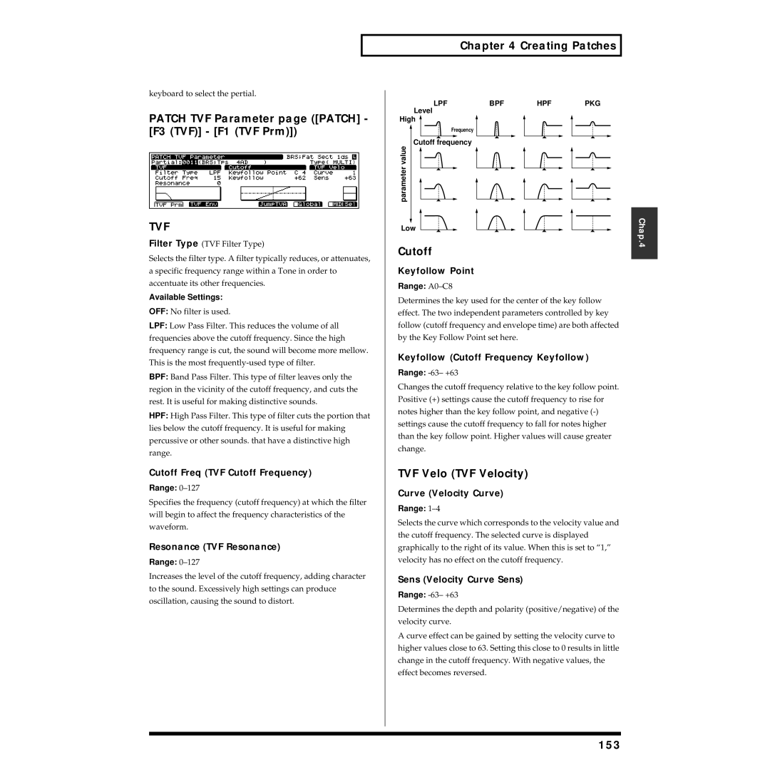 Roland XV-5080 owner manual Cutoff, TVF Velo TVF Velocity, 153 