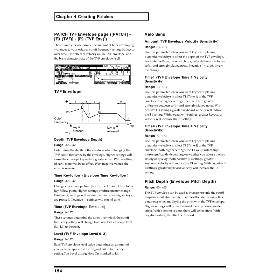 Roland XV-5080 owner manual TVF Envelope, Velo Sens, Pitch Depth Envelope Pitch Depth, 154 