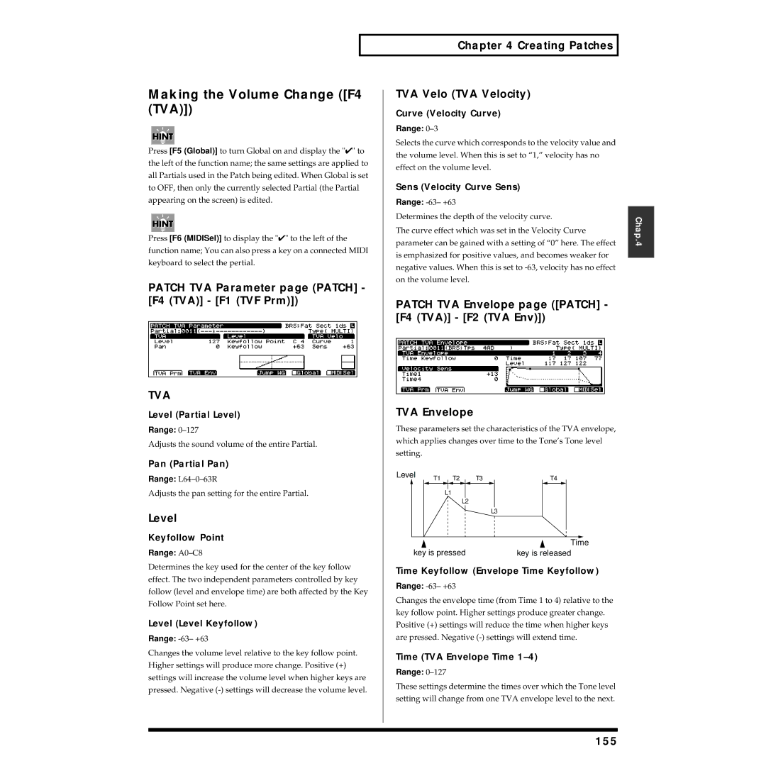 Roland XV-5080 owner manual Making the Volume Change F4 TVA, Patch TVA Parameter page Patch F4 TVA F1 TVF Prm, Level, 155 