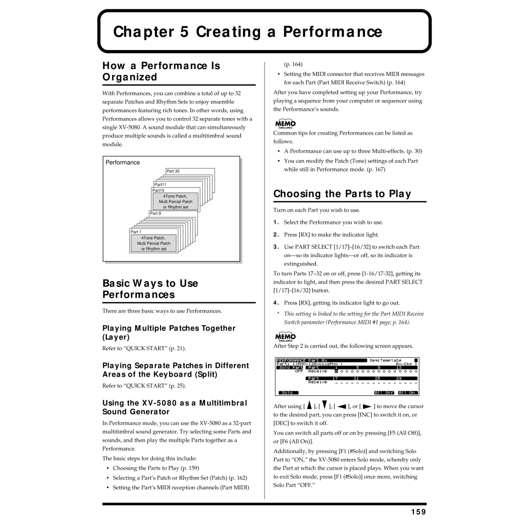 Roland XV-5080 owner manual How a Performance Is Organized, Basic Ways to Use Performances, Choosing the Parts to Play 