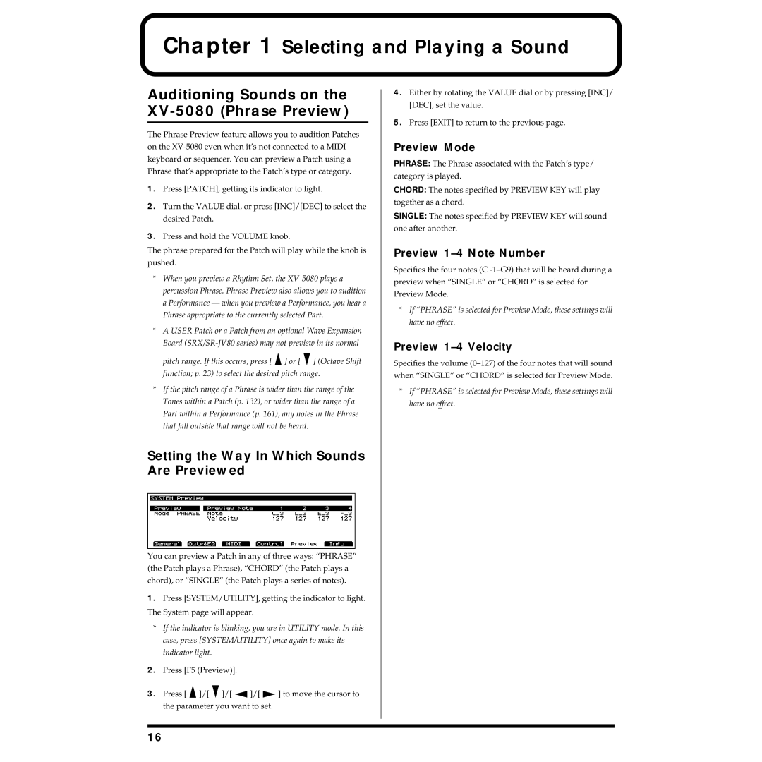 Roland Auditioning Sounds on the XV-5080 Phrase Preview, Setting the Way In Which Sounds Are Previewed, Preview Mode 