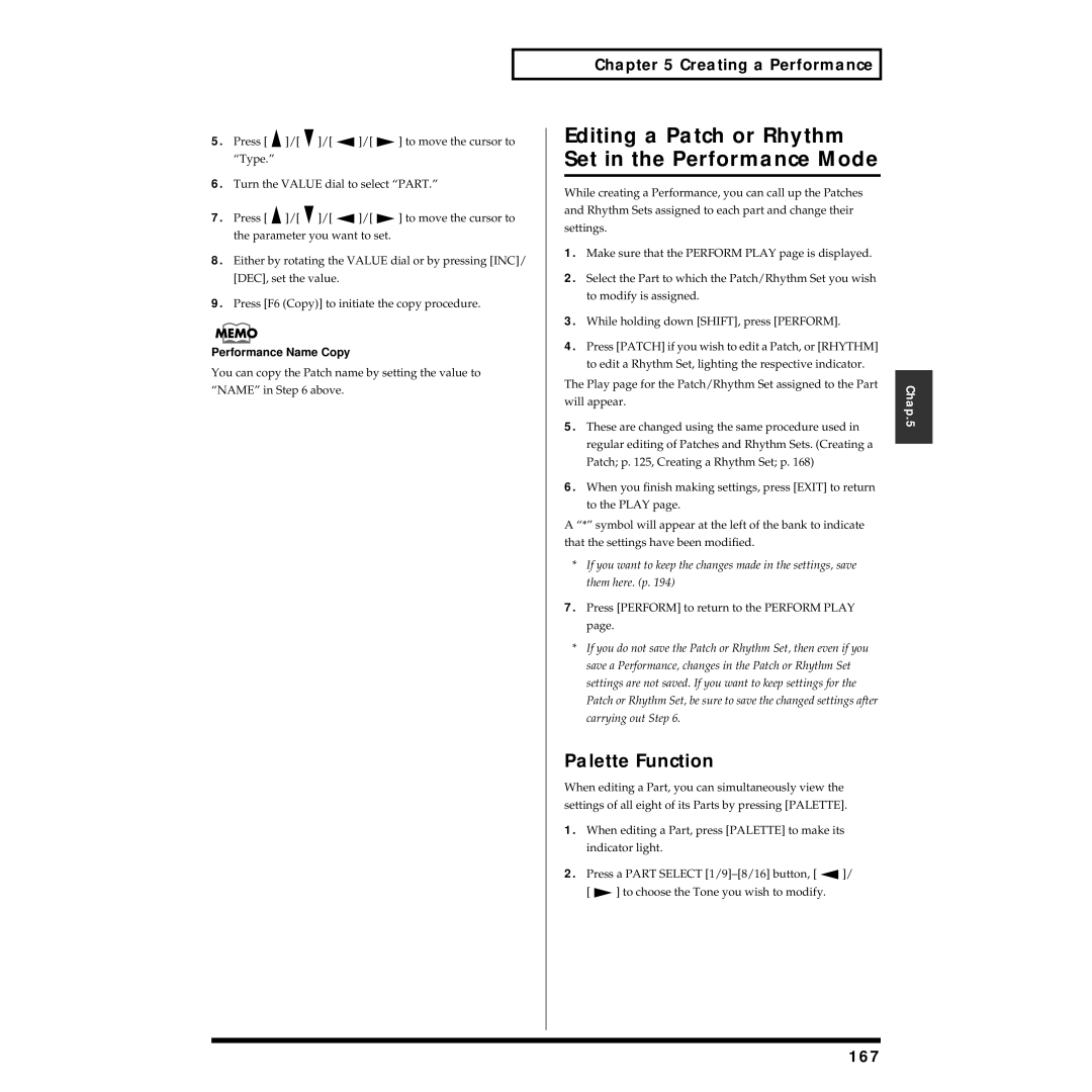 Roland XV-5080 Editing a Patch or Rhythm Set in the Performance Mode, Palette Function, 167, Performance Name Copy 