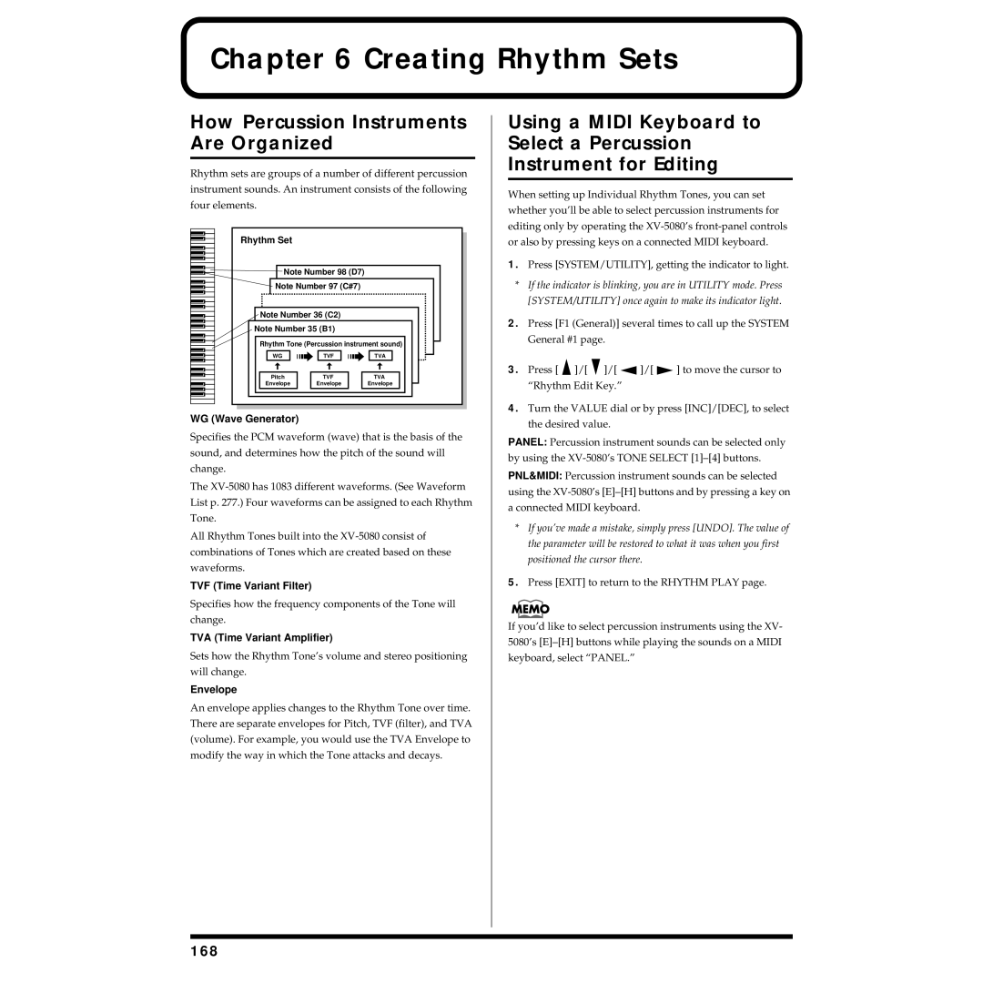 Roland XV-5080 owner manual How Percussion Instruments Are Organized, 168, WG Wave Generator 