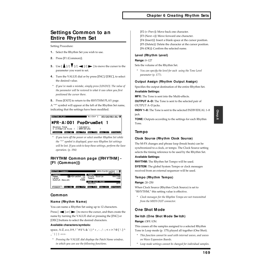 Roland XV-5080 owner manual Settings Common to an Entire Rhythm Set, Creating Rhythm Sets, Tempo, 169 