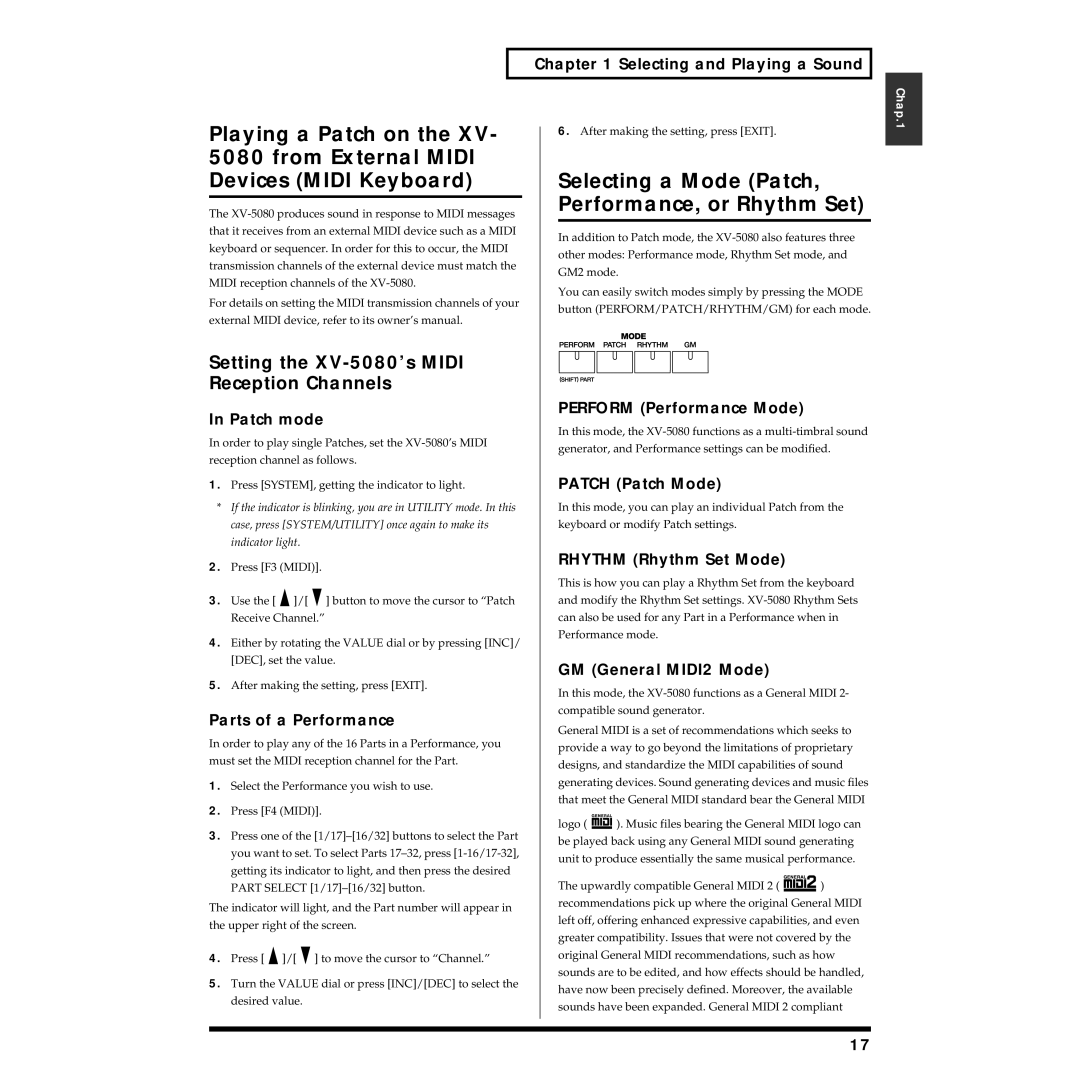 Roland owner manual Playing a Patch on, Setting the XV-5080’s Midi Reception Channels 