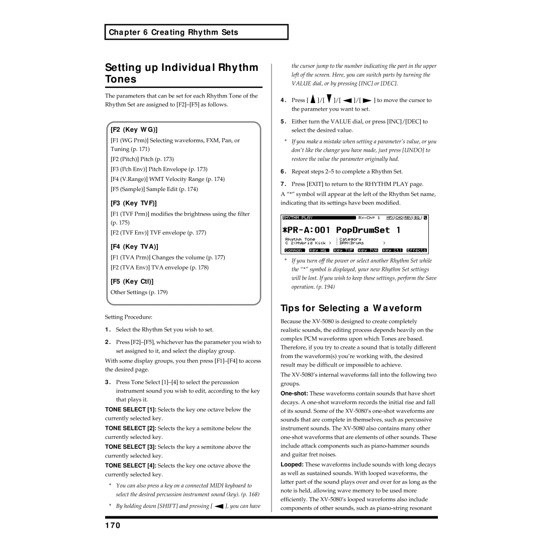 Roland XV-5080 owner manual Setting up Individual Rhythm Tones, 170 