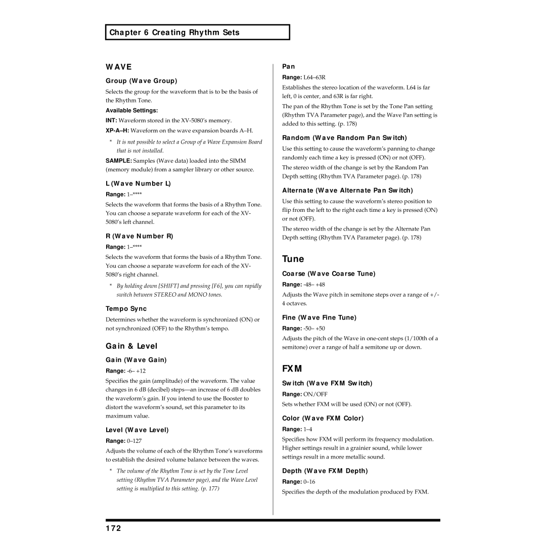 Roland XV-5080 owner manual Tune, Gain & Level, 172 