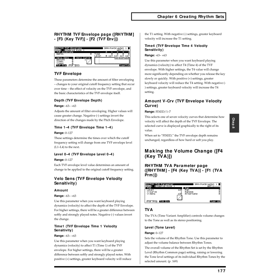 Roland XV-5080 owner manual Making the Volume Change F4 Key TVA, Rhythm TVF Envelope page Rhythm F3 Key TVF F2 TVF Env, 177 