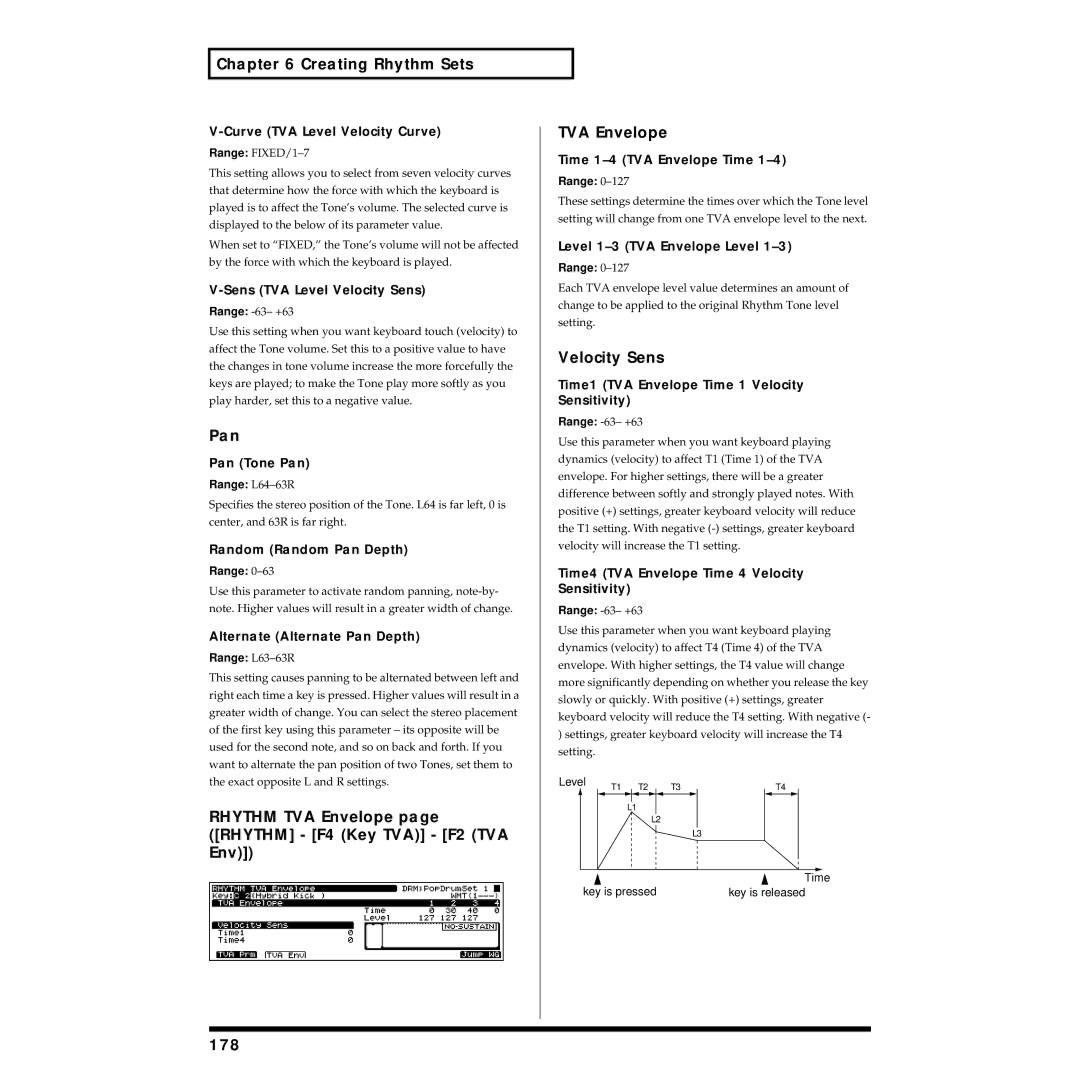 Roland XV-5080 owner manual Pan, Rhythm TVA Envelope page Rhythm F4 Key TVA F2 TVA Env, Velocity Sens, 178 