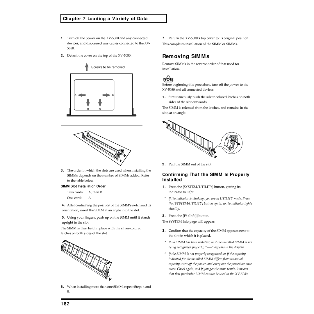 Roland XV-5080 owner manual Removing SIMMs, Loading a Variety of Data, Confirming That the Simm Is Properly Installed, 182 