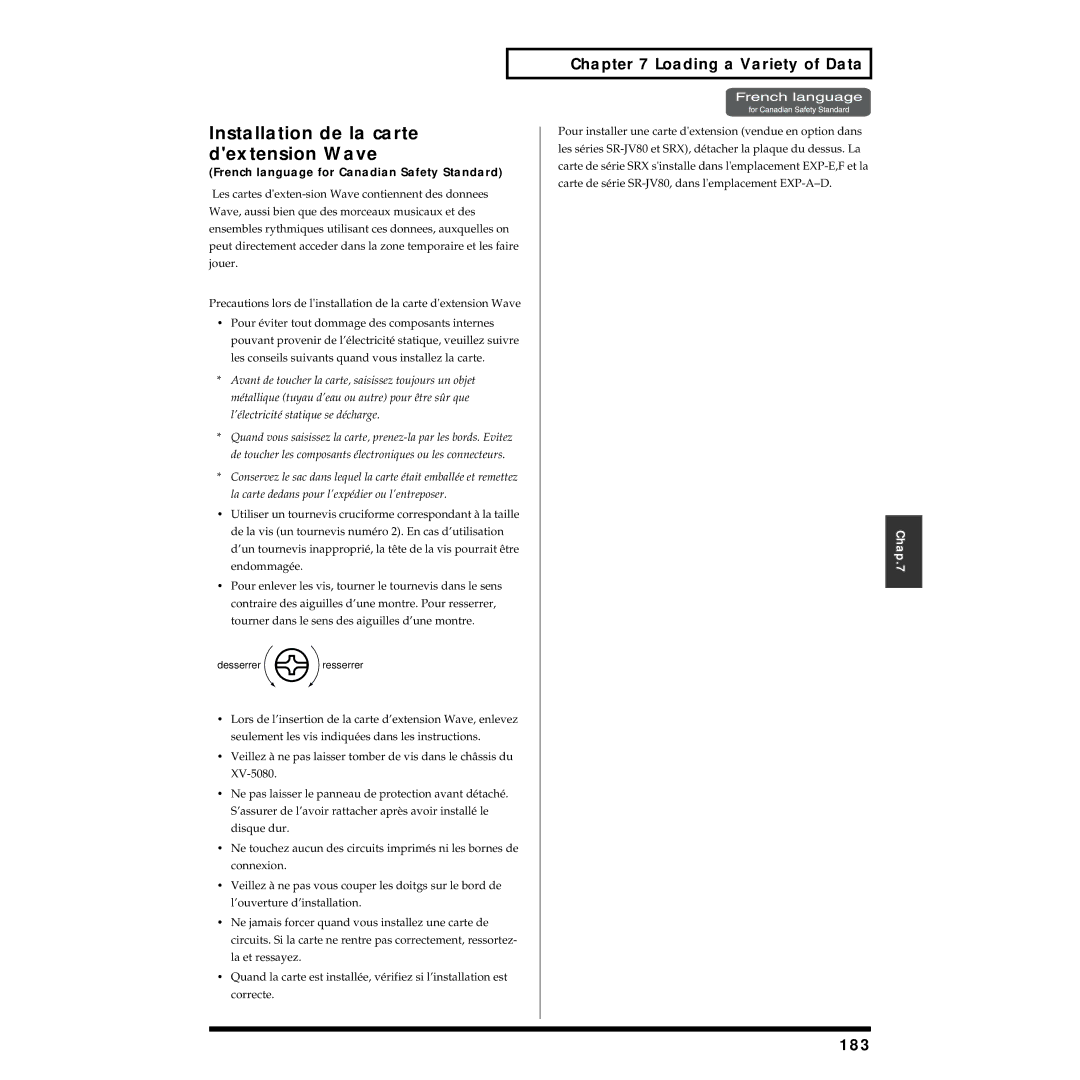 Roland XV-5080 owner manual Installation de la carte dextension Wave, 183 