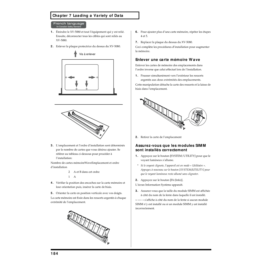 Roland XV-5080 owner manual Enlever une carte mémoire Wave, 184 