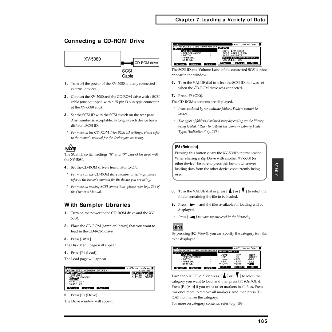 Roland XV-5080 owner manual Connecting a CD-ROM Drive, With Sampler Libraries, 185, F5 Refresh 