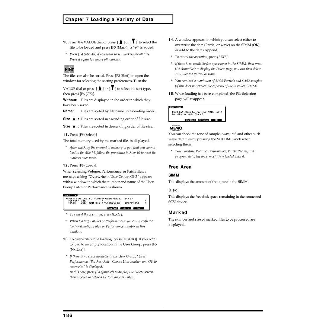 Roland XV-5080 owner manual Free Area, Marked, 186, Disk 