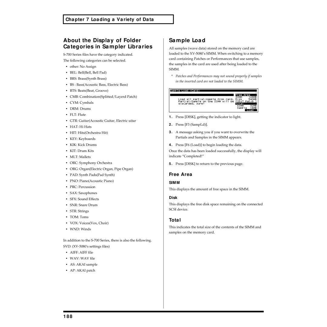 Roland XV-5080 owner manual About the Display of Folder Categories in Sampler Libraries, Sample Load, Total, 188 