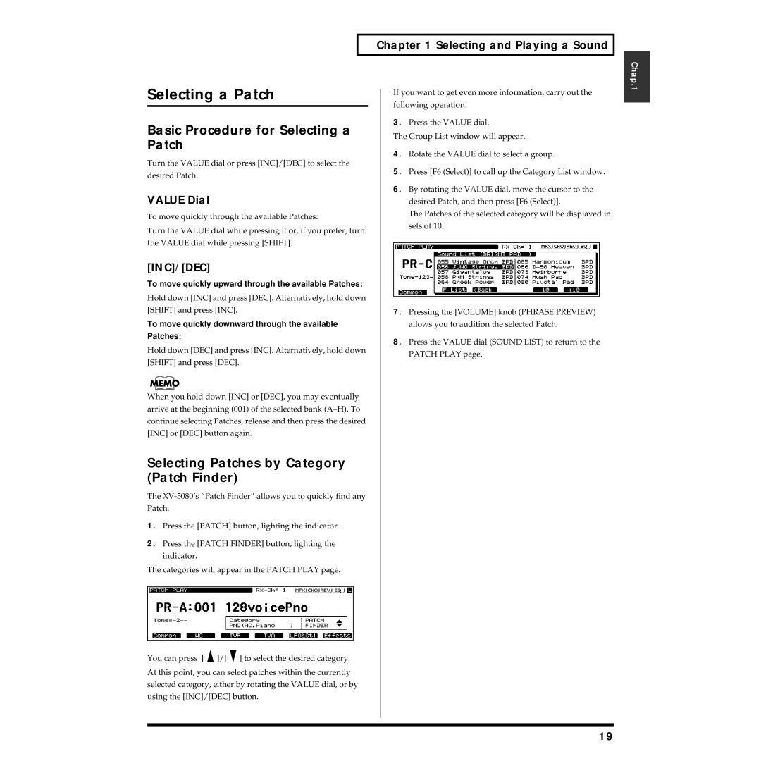 Roland XV-5080 Selecting a Patch, Basic Procedure for Selecting a, Selecting Patches by Category Patch Finder, Inc/Dec 