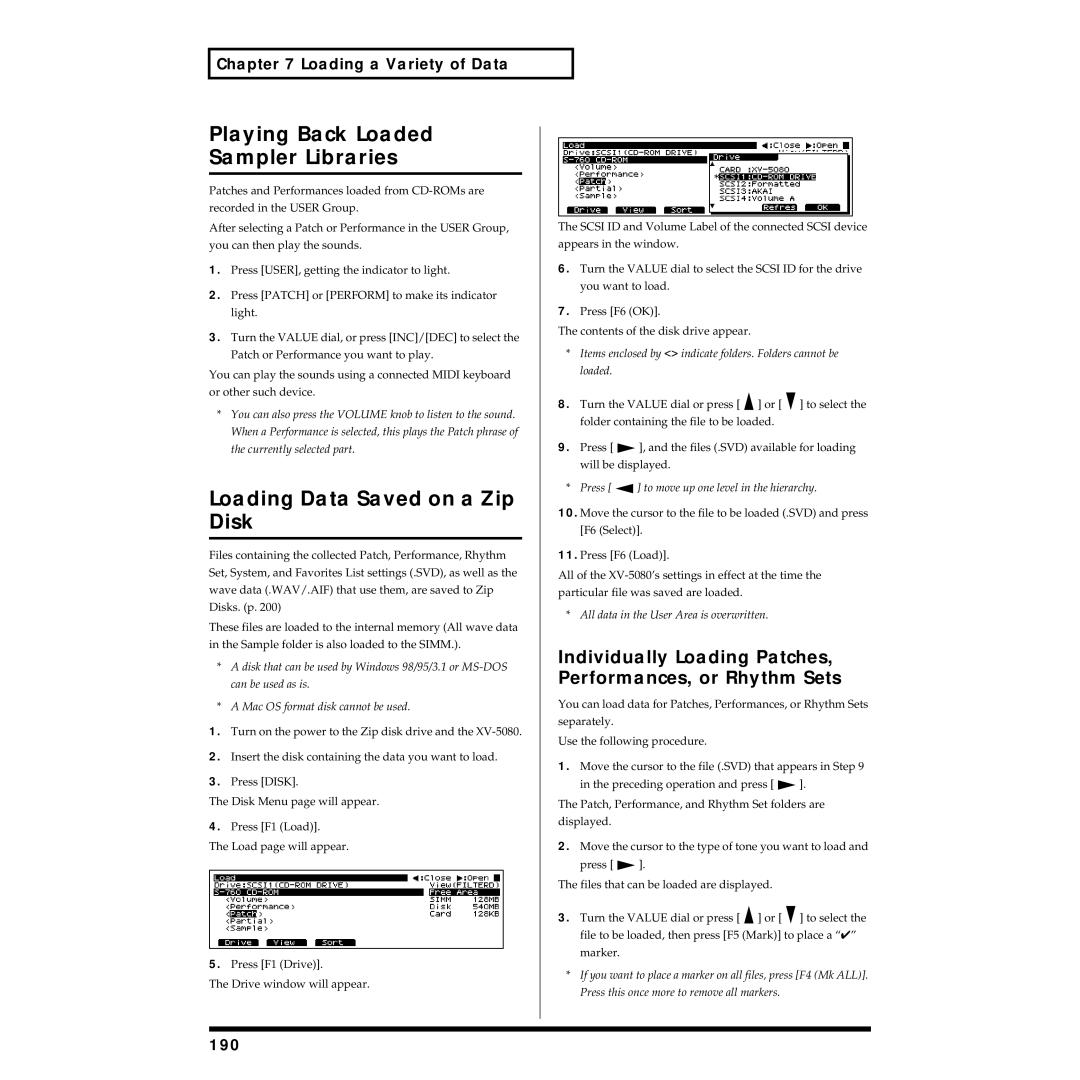 Roland XV-5080 owner manual Playing Back Loaded Sampler Libraries, Loading Data Saved on a Zip Disk, 190 