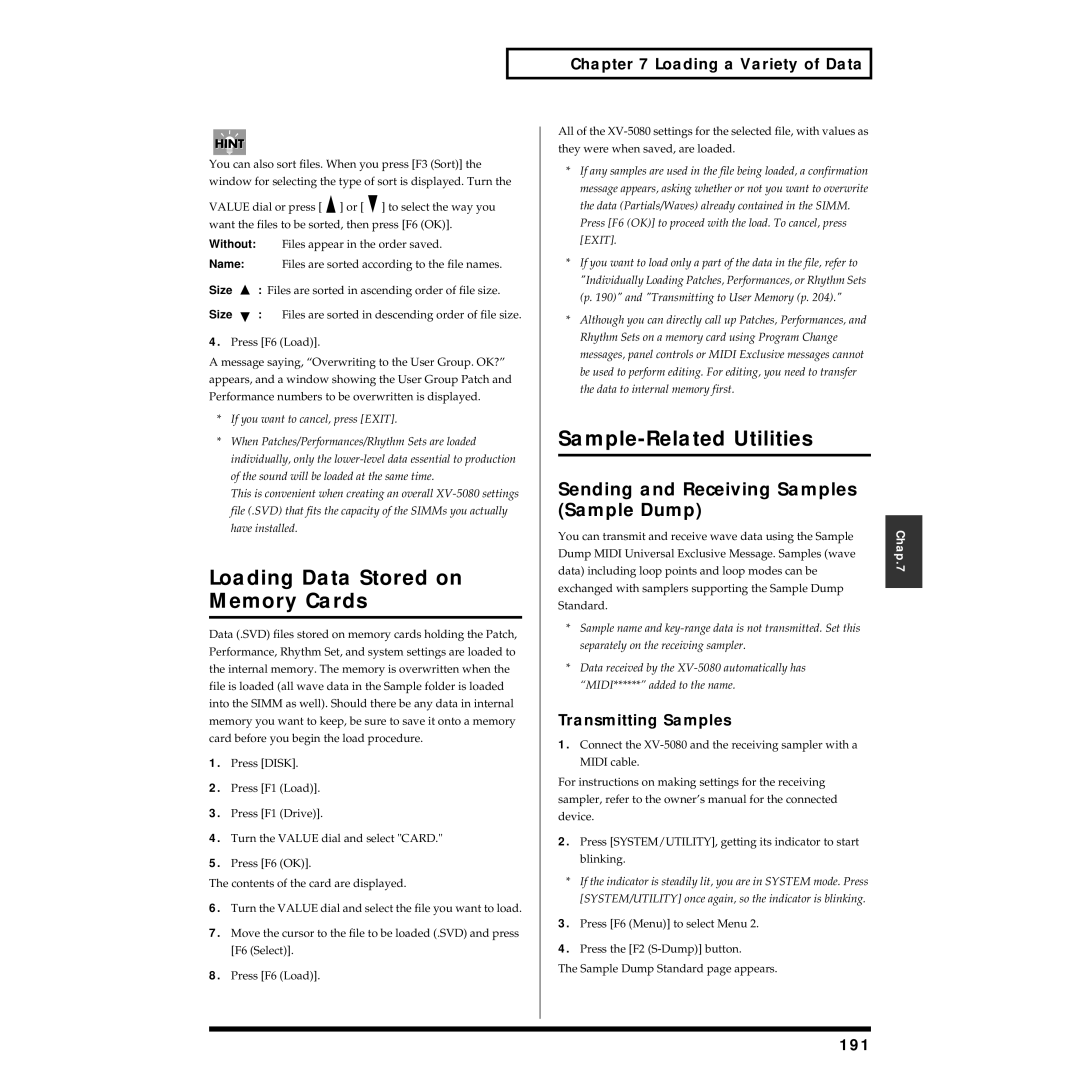 Roland XV-5080 Loading Data Stored on Memory Cards, Sample-Related Utilities, Sending and Receiving Samples Sample Dump 