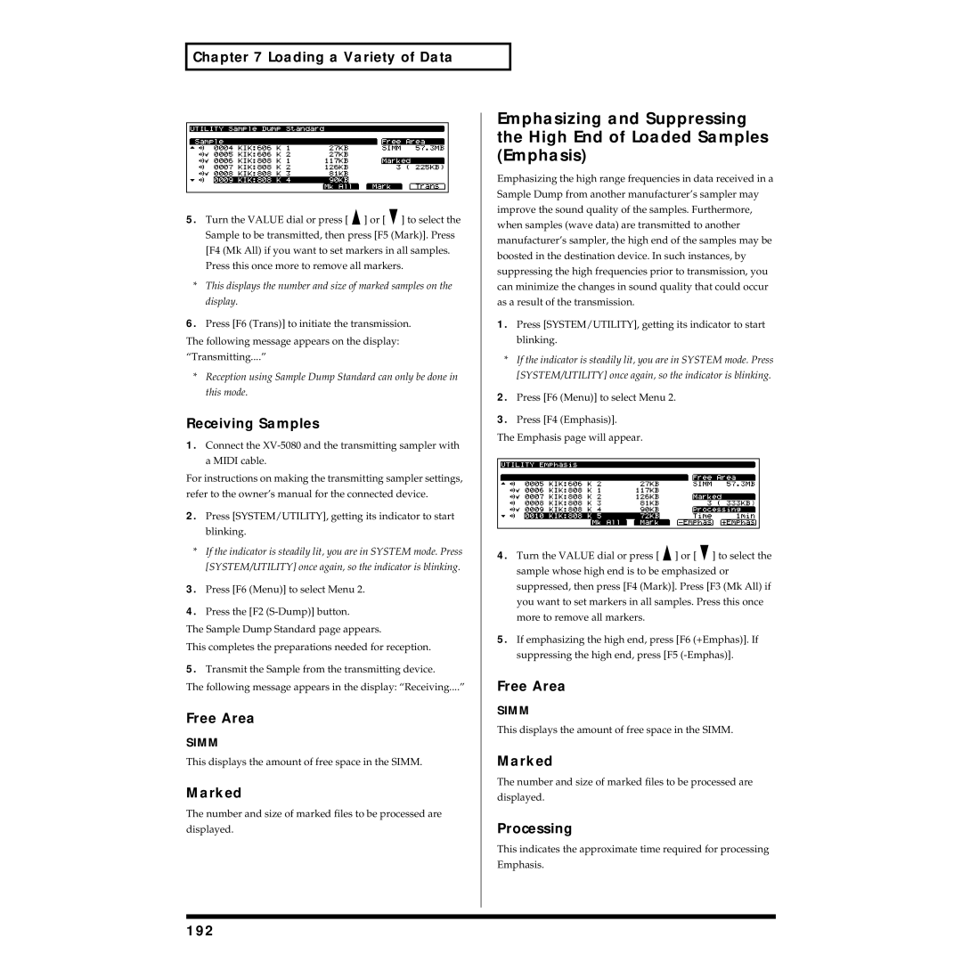 Roland XV-5080 owner manual Receiving Samples, Processing, 192 