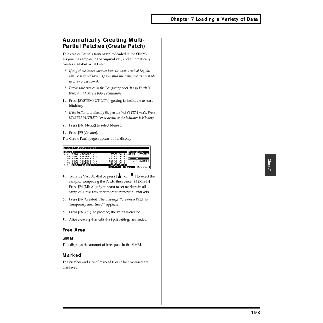 Roland XV-5080 owner manual Automatically Creating Multi- Partial Patches Create Patch, 193 