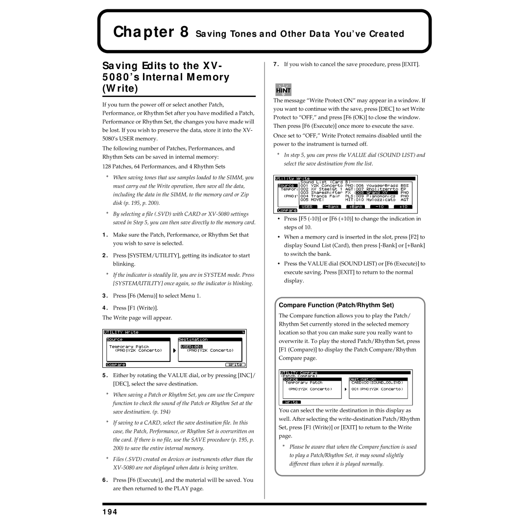 Roland XV-5080 Saving Edits to the XV- 5080’s Internal Memory Write, Saving Tones and Other Data You’ve Created, 194 