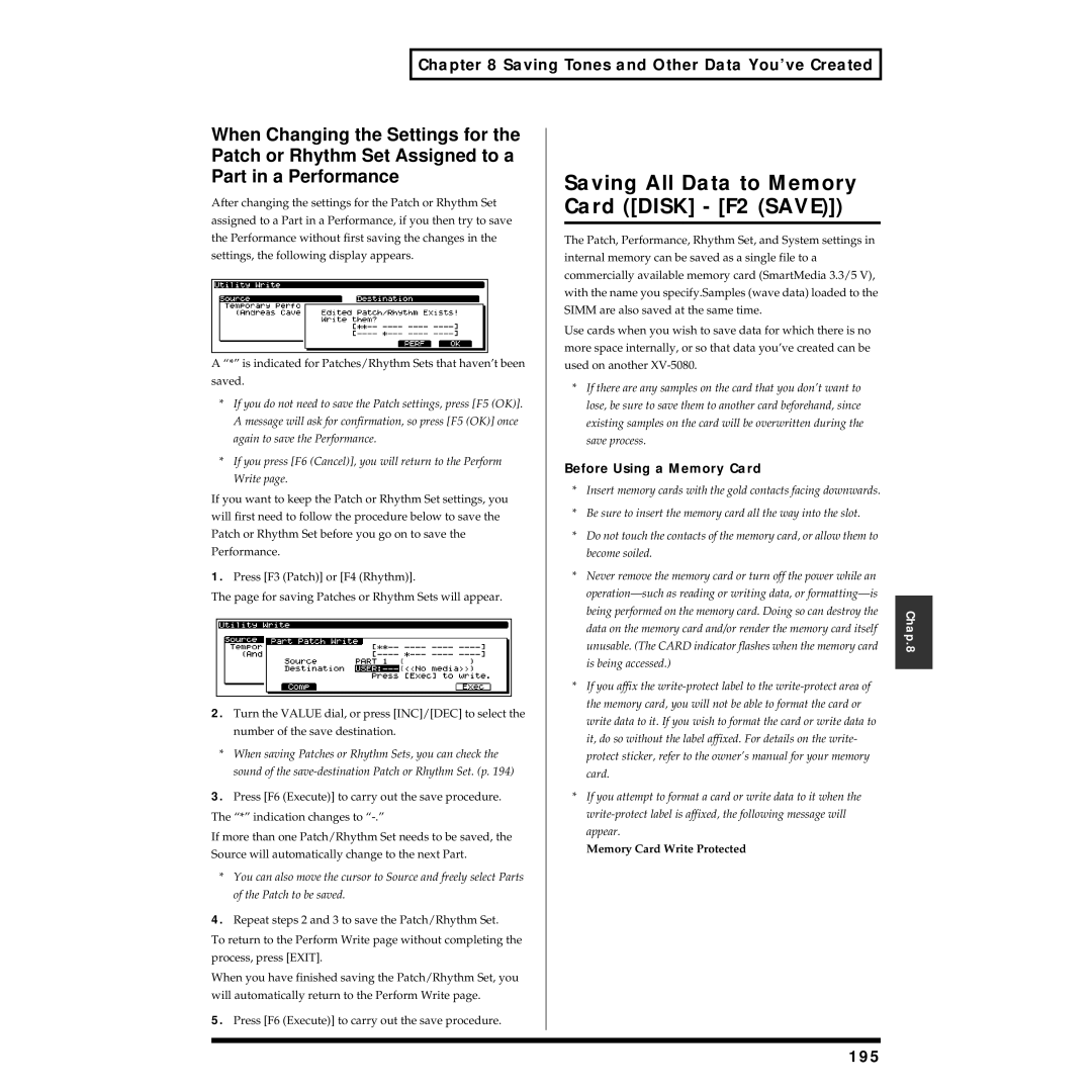 Roland XV-5080 owner manual Saving All Data to Memory Card Disk F2 Save, Saving Tones and Other Data You’ve Created, 195 