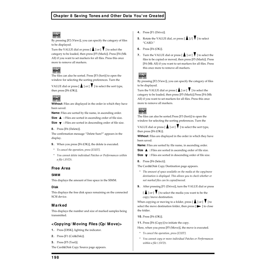 Roland XV-5080 owner manual Copying/Moving Files Cp/Move, 198 