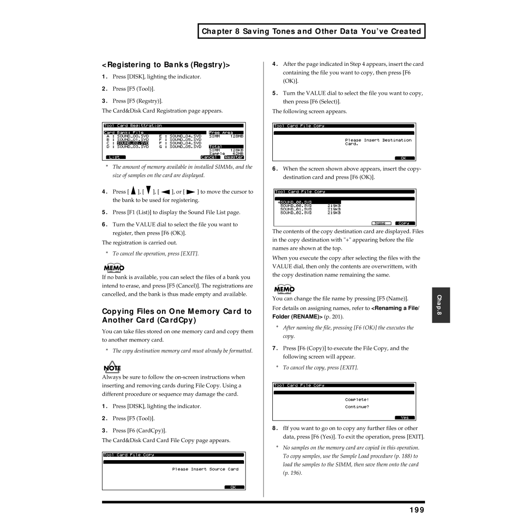 Roland XV-5080 owner manual Copying Files on One Memory Card to Another Card CardCpy, 199 