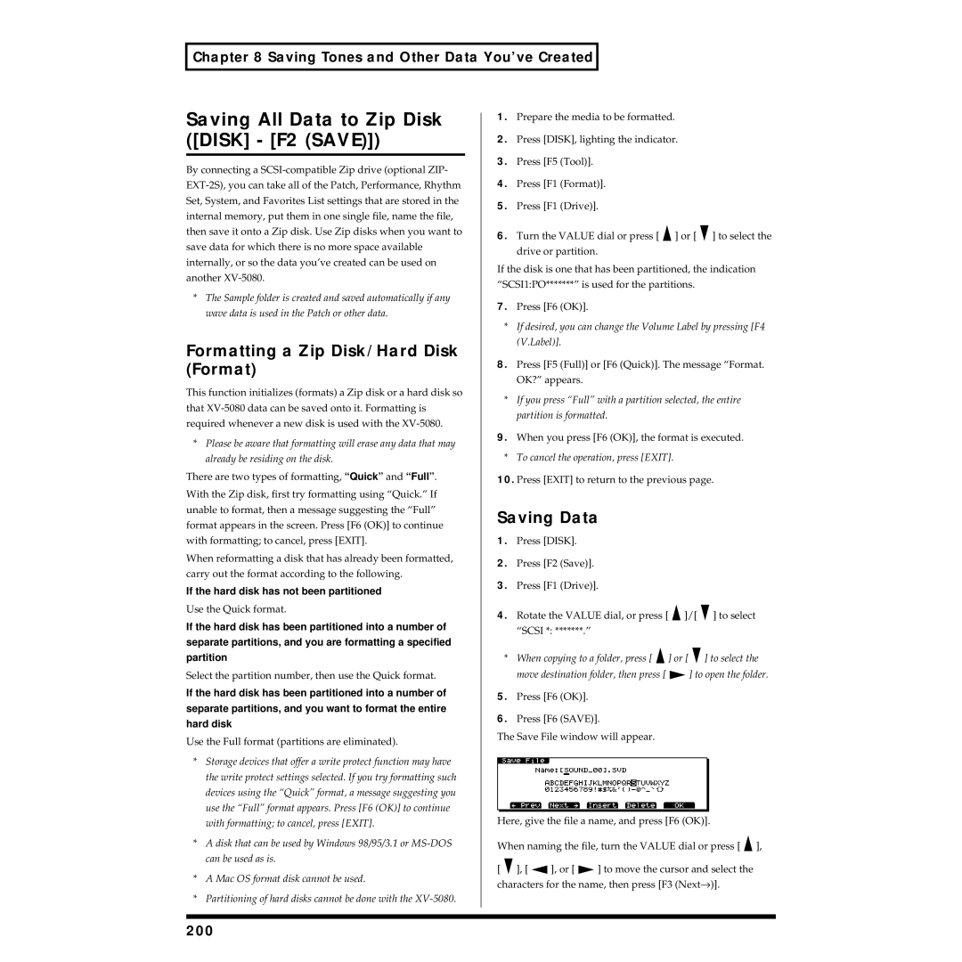 Roland XV-5080 owner manual Saving All Data to Zip Disk Disk F2 Save, Formatting a Zip Disk/Hard Disk Format, 200 