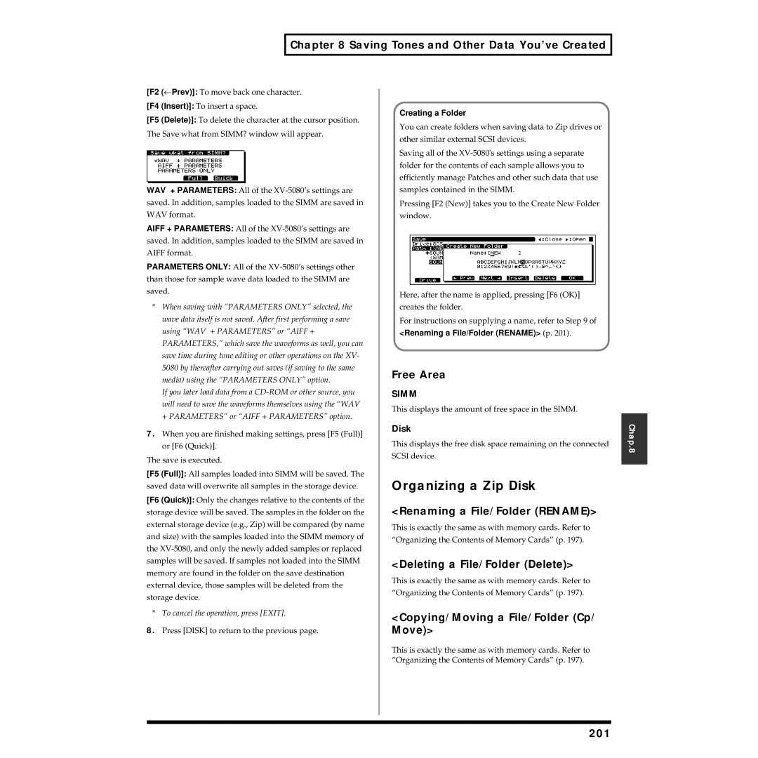 Roland XV-5080 owner manual Organizing a Zip Disk, Renaming a File/Folder Rename, Deleting a File/Folder Delete, 201 