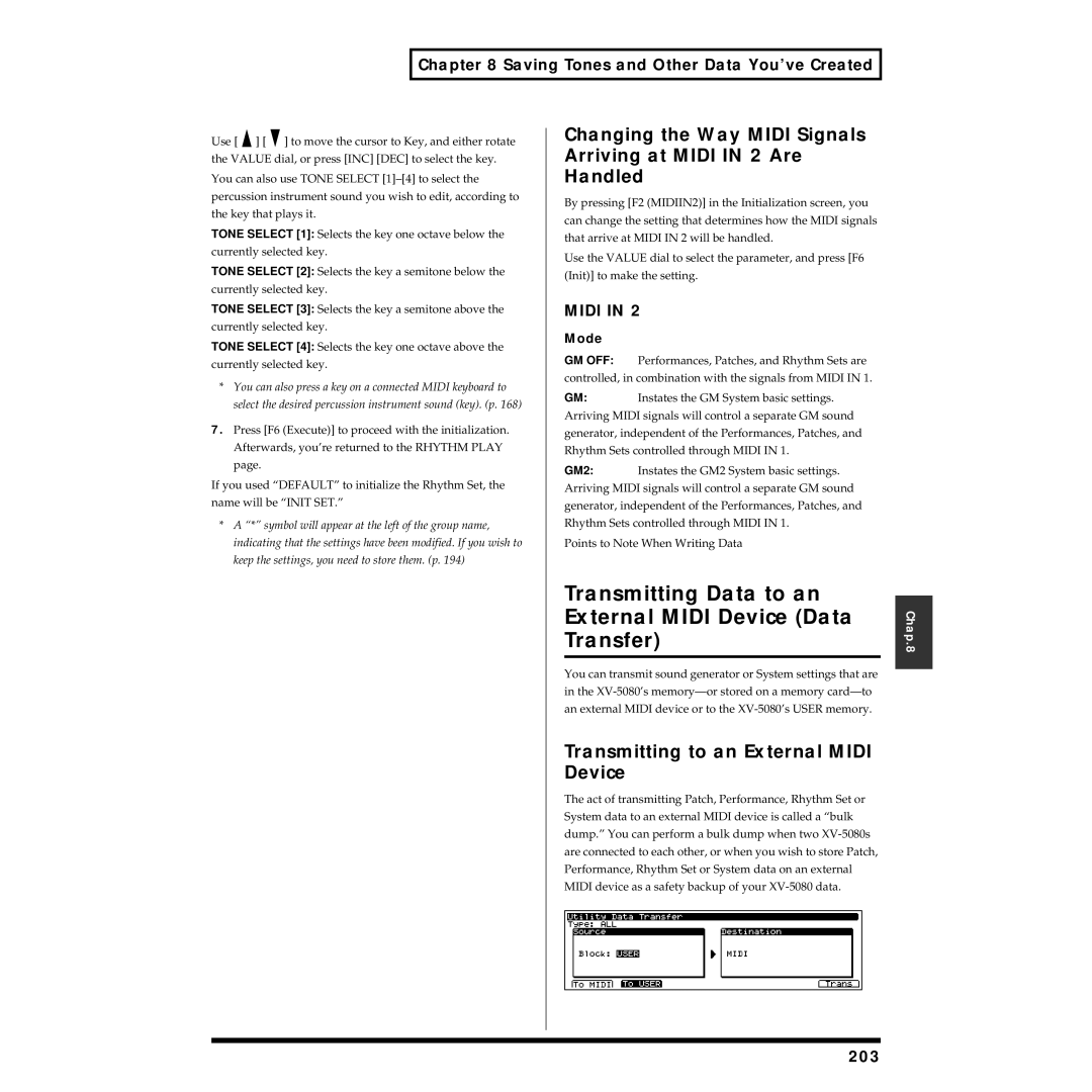 Roland XV-5080 Transmitting Data to an External Midi Device Data Transfer, Transmitting to an External Midi Device, 203 