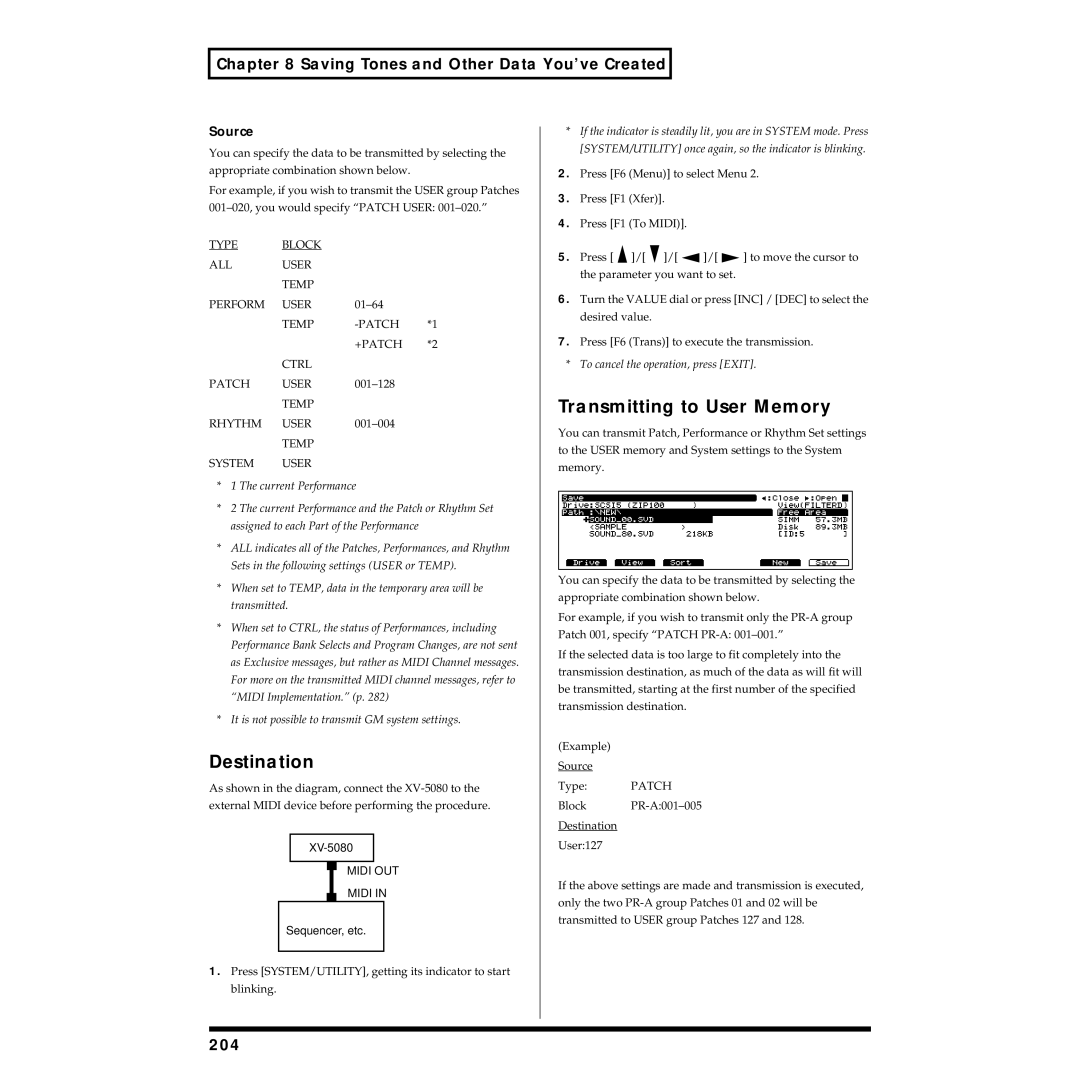 Roland XV-5080 owner manual Destination, Transmitting to User Memory, 204, Source 