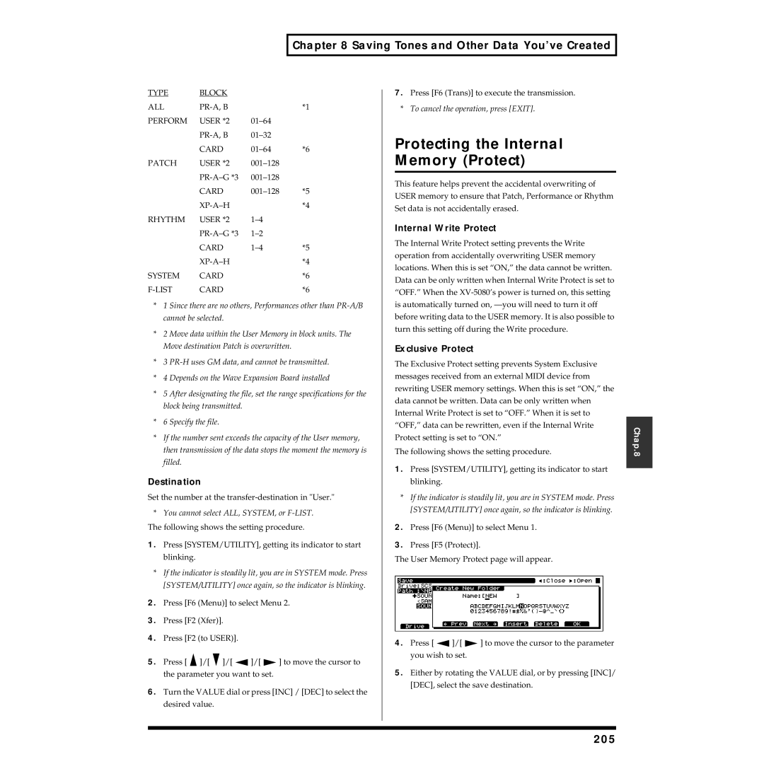 Roland XV-5080 owner manual Protecting the Internal Memory Protect, 205, Internal Write Protect, Exclusive Protect 