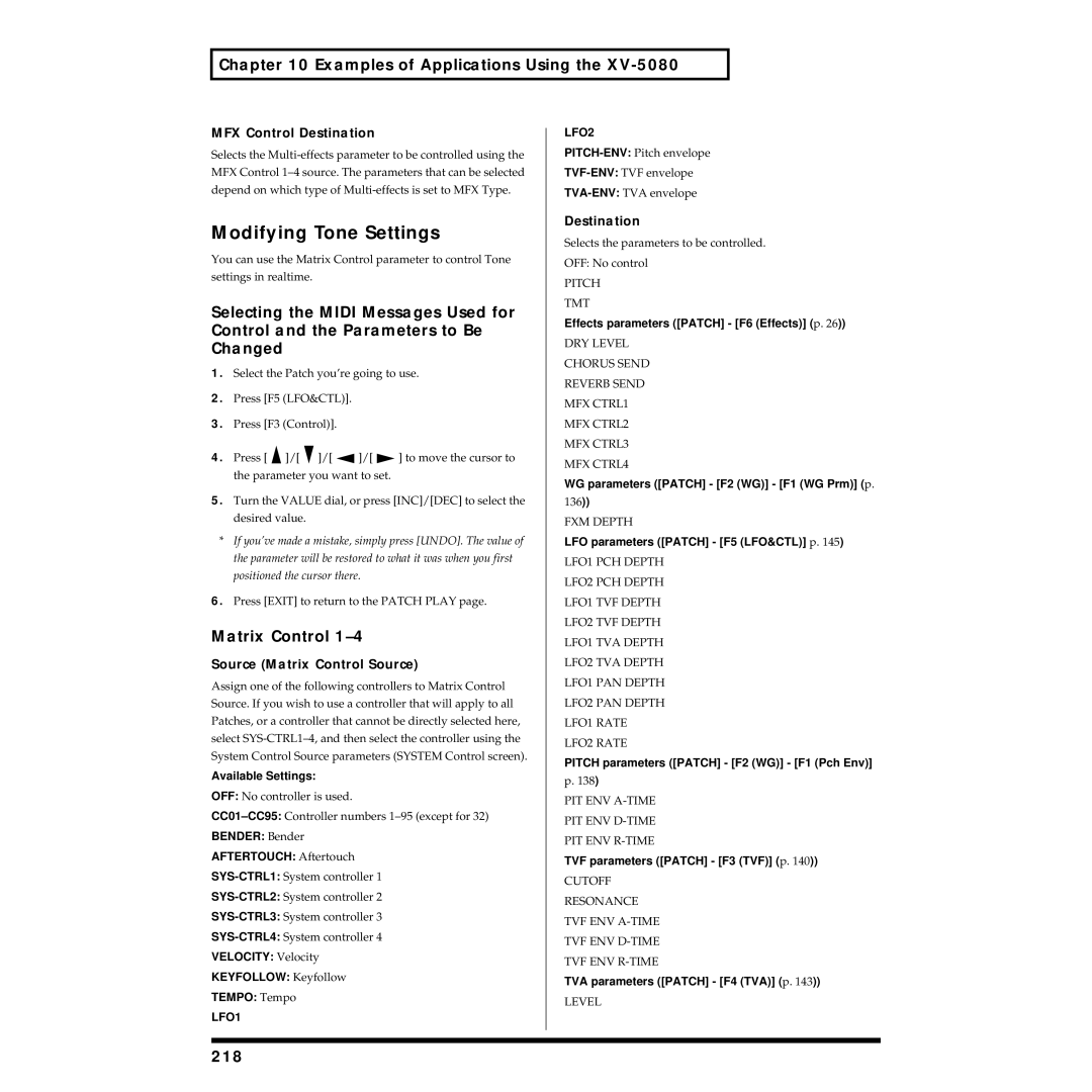 Roland XV-5080 owner manual Modifying Tone Settings, Examples of Applications Using, 218 