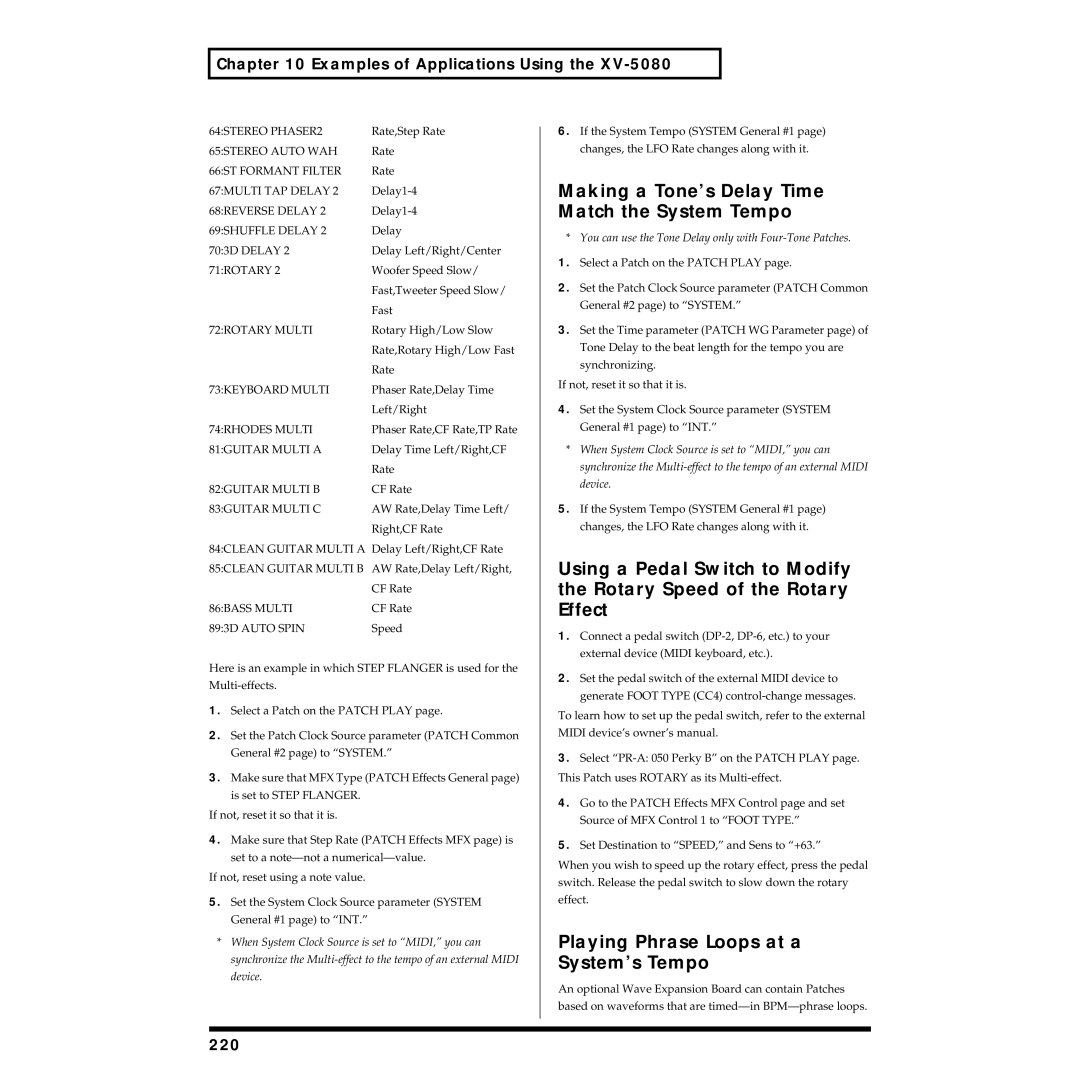 Roland XV-5080 Making a Tone’s Delay Time Match the System Tempo, Playing Phrase Loops at a System’s Tempo, 220 