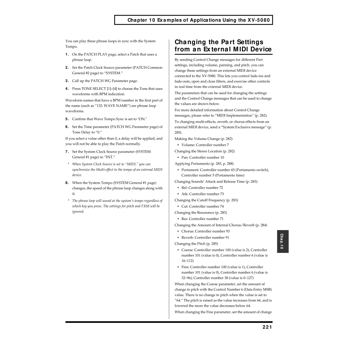 Roland XV-5080 owner manual Changing the Part Settings from an External Midi Device, 221 