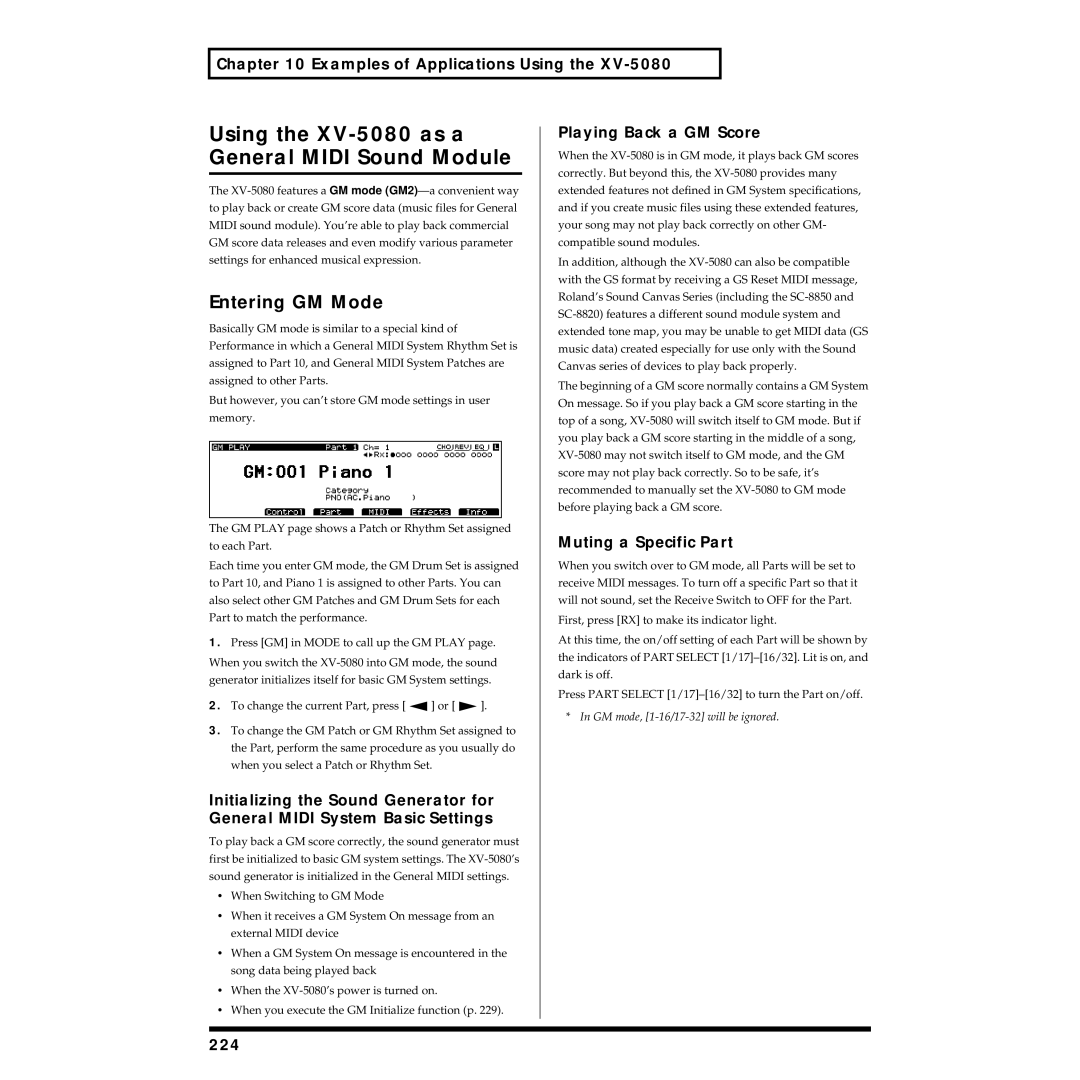 Roland owner manual Using the XV-5080 as a General Midi Sound Module, Entering GM Mode, Playing Back a GM Score, 224 