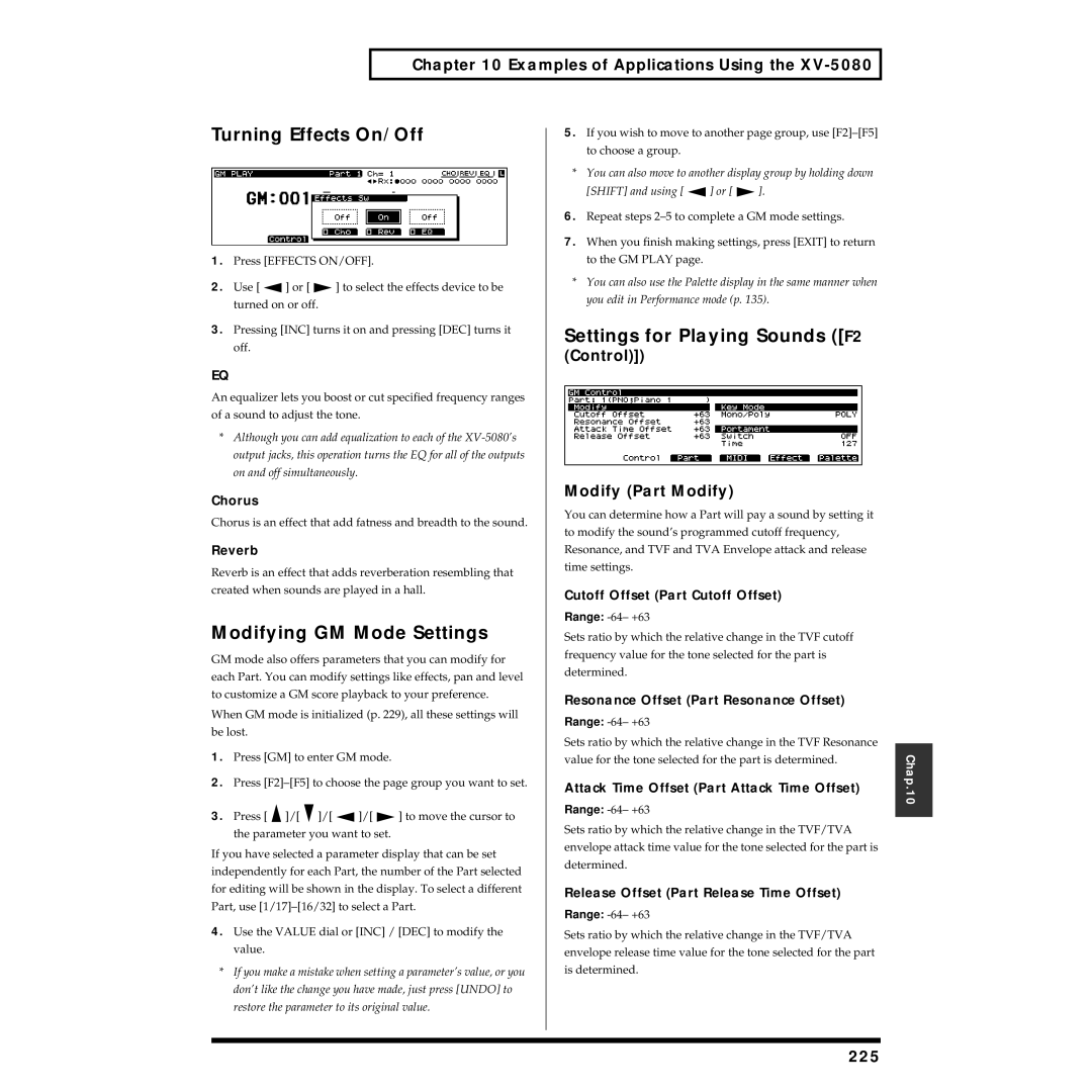 Roland XV-5080 owner manual Turning Effects On/Off, Modifying GM Mode Settings, Settings for Playing Sounds F2, 225 