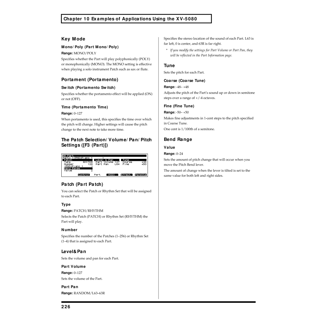 Roland XV-5080 owner manual Examples of Applications Using Key Mode, Portament Portamento, Level&Pan, Tune, Bend Range, 226 