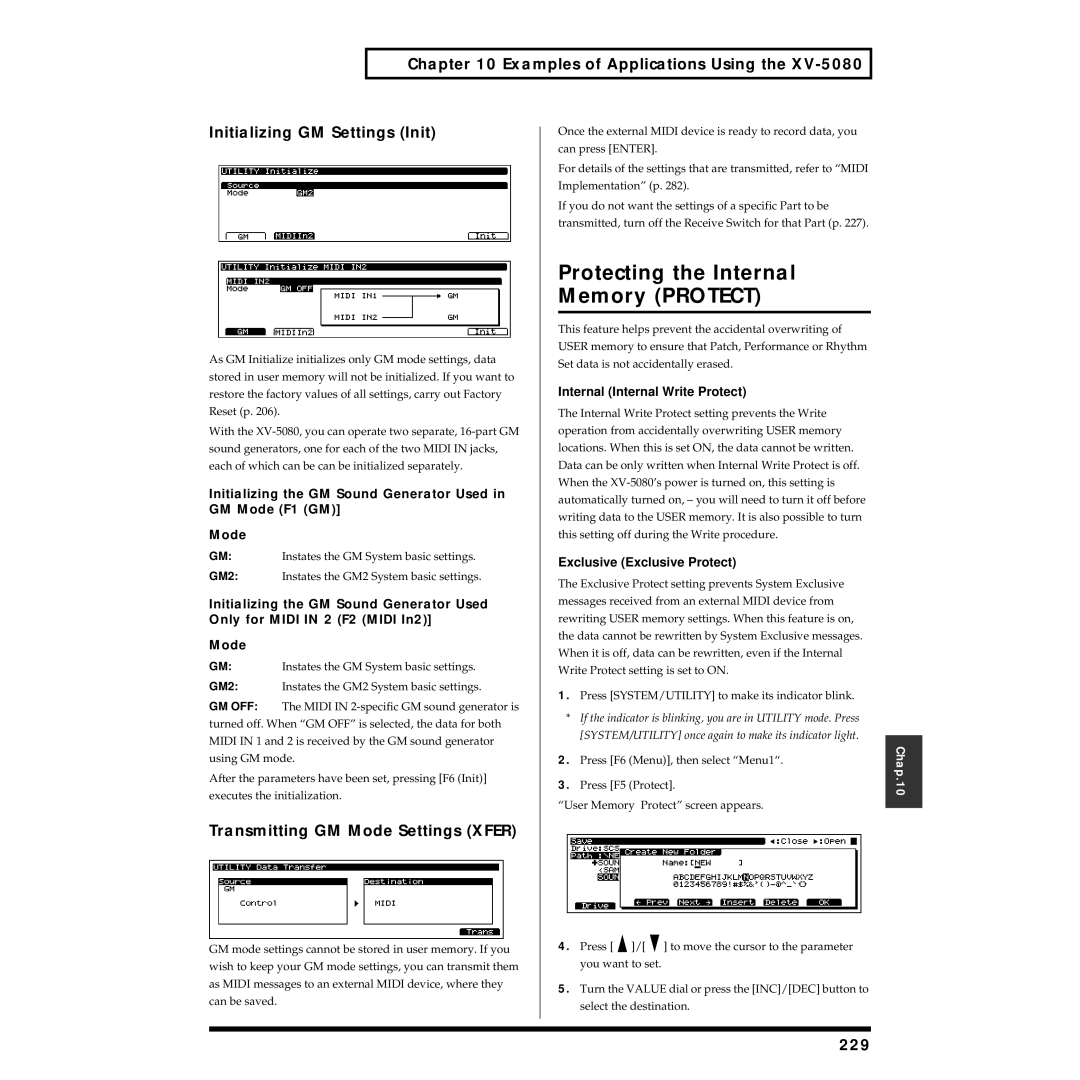 Roland XV-5080 Transmitting GM Mode Settings Xfer, 229, Initializing the GM Sound Generator Used in GM Mode F1 GM 