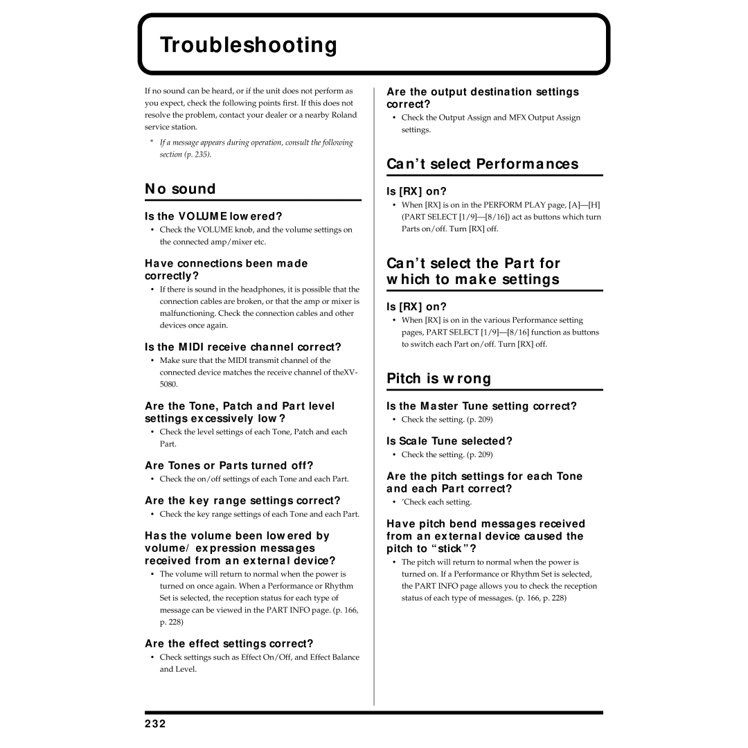Roland XV-5080 No sound, Can’t select Performances, Can’t select the Part for which to make settings, Pitch is wrong 
