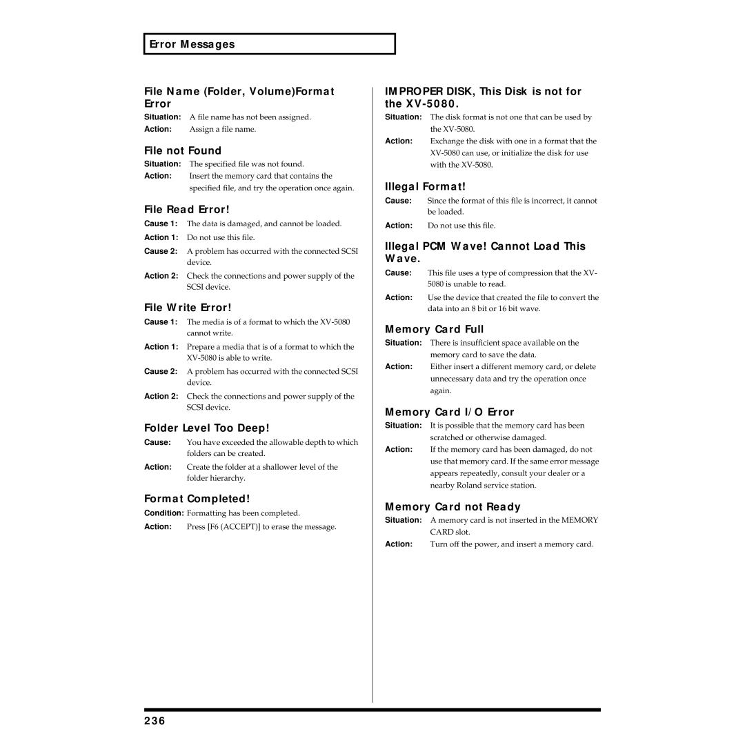 Roland XV-5080 Error Messages File Name Folder, VolumeFormat Error, File not Found, File Read Error, File Write Error, 236 