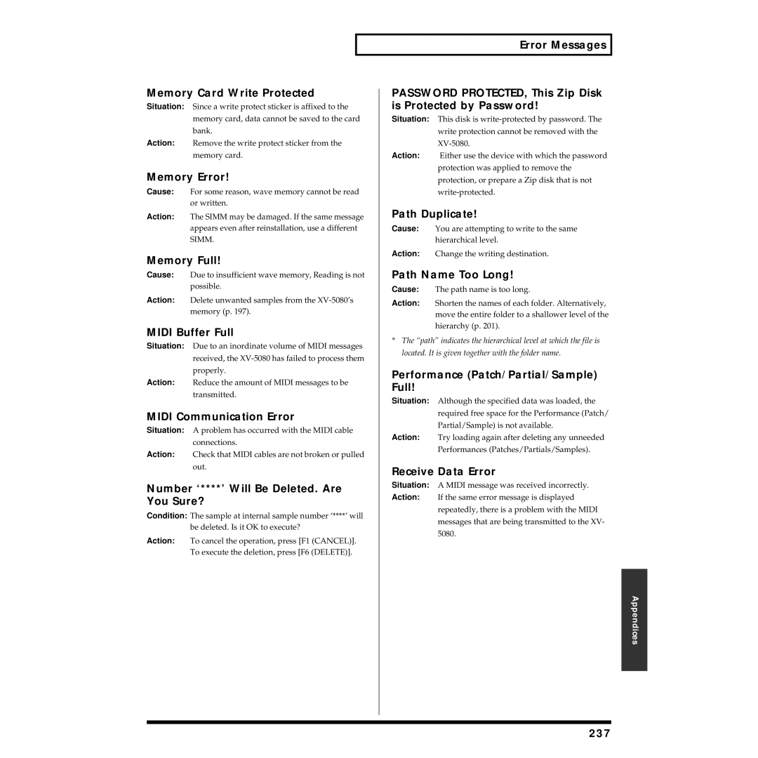Roland XV-5080 Memory Card Write Protected, Memory Error, Memory Full, Midi Buffer Full, Midi Communication Error, 237 