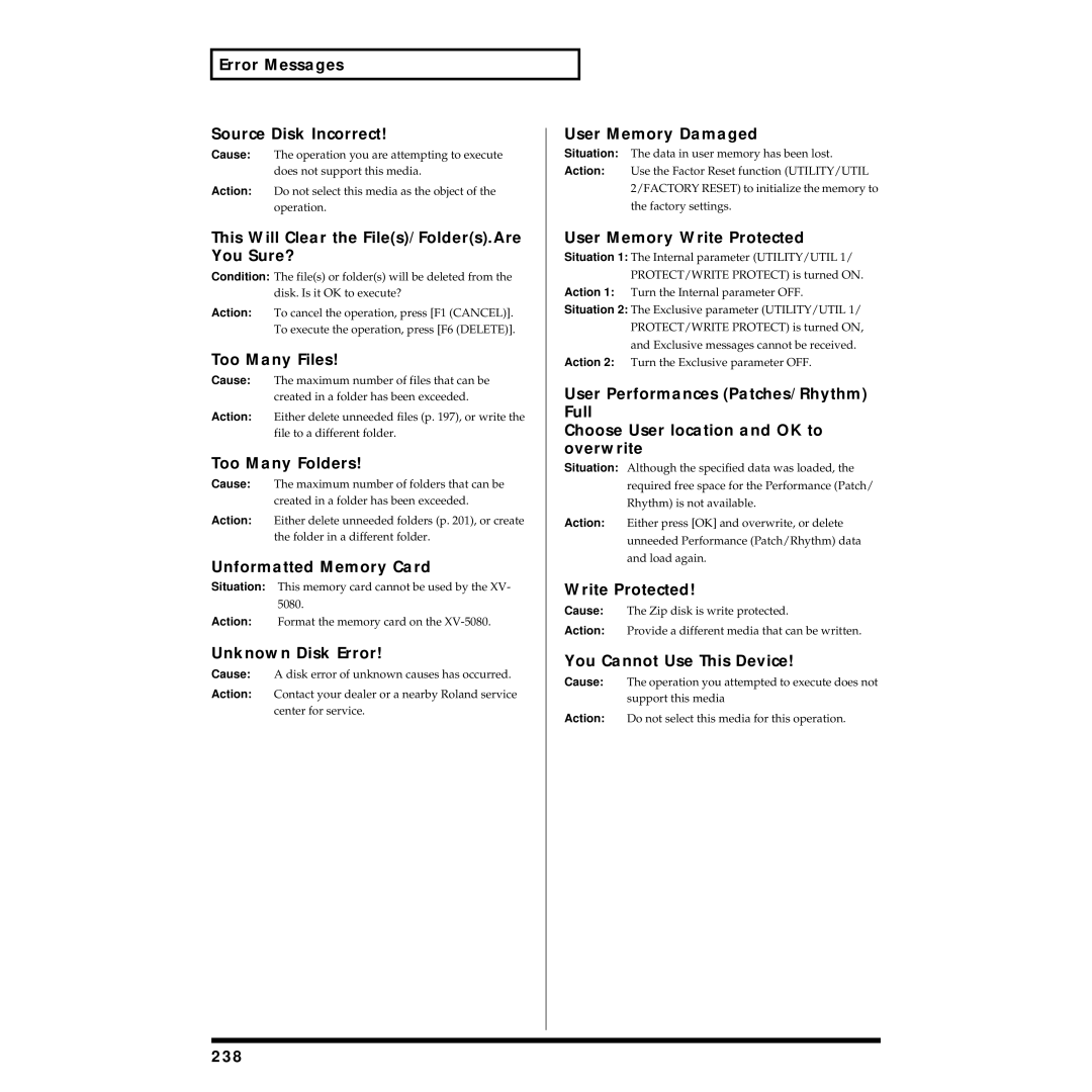Roland XV-5080 Error Messages Source Disk Incorrect, This Will Clear the Files/Folders.Are You Sure?, Too Many Files, 238 