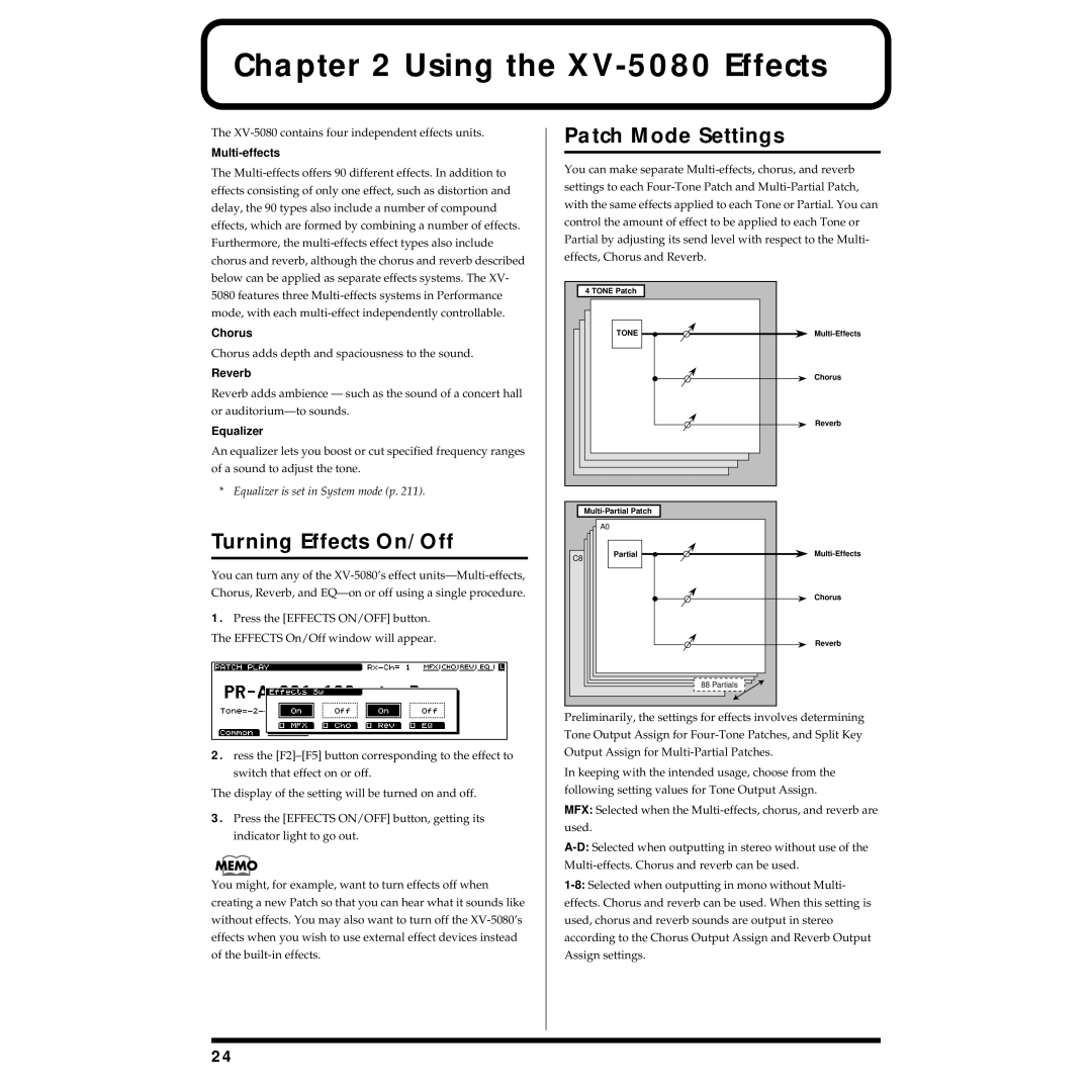 Roland XV-5080 owner manual Turning Effects On/Off, Patch Mode Settings 