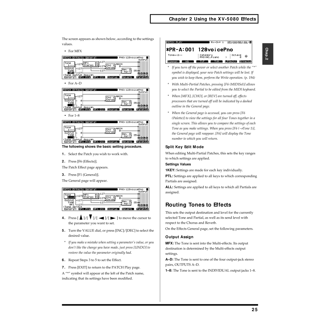 Roland owner manual Routing Tones to Effects, Using the XV-5080 Effects, Split Key Edit Mode, Output Assign 