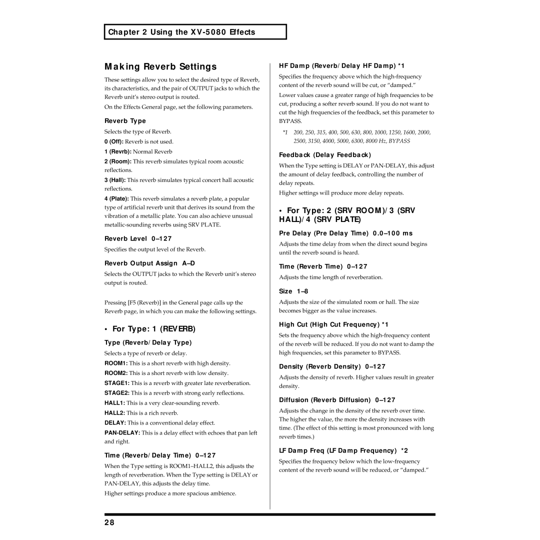 Roland XV-5080 owner manual Making Reverb Settings, For Type 1 Reverb, For Type 2 SRV ROOM/3 SRV HALL/4 SRV Plate 