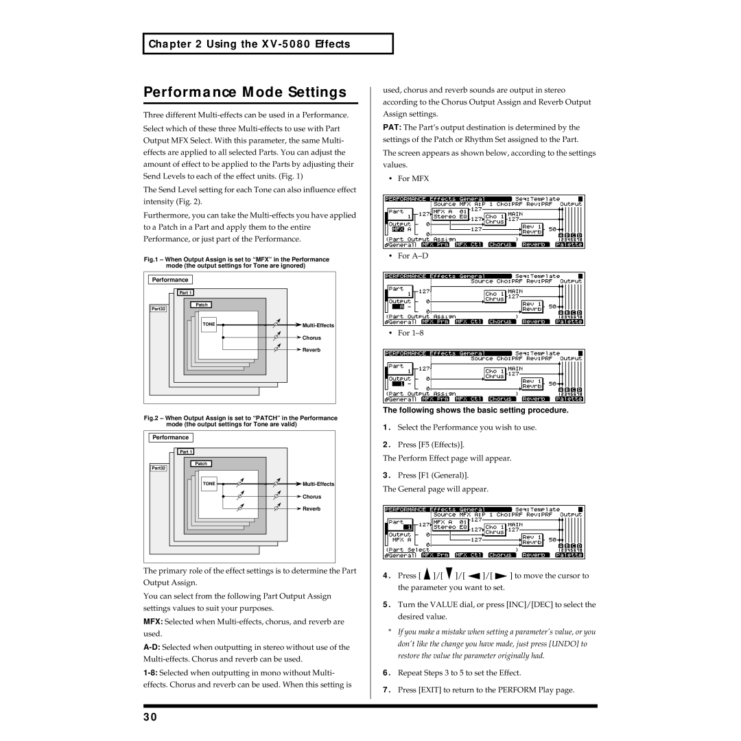 Roland XV-5080 owner manual Performance Mode Settings 