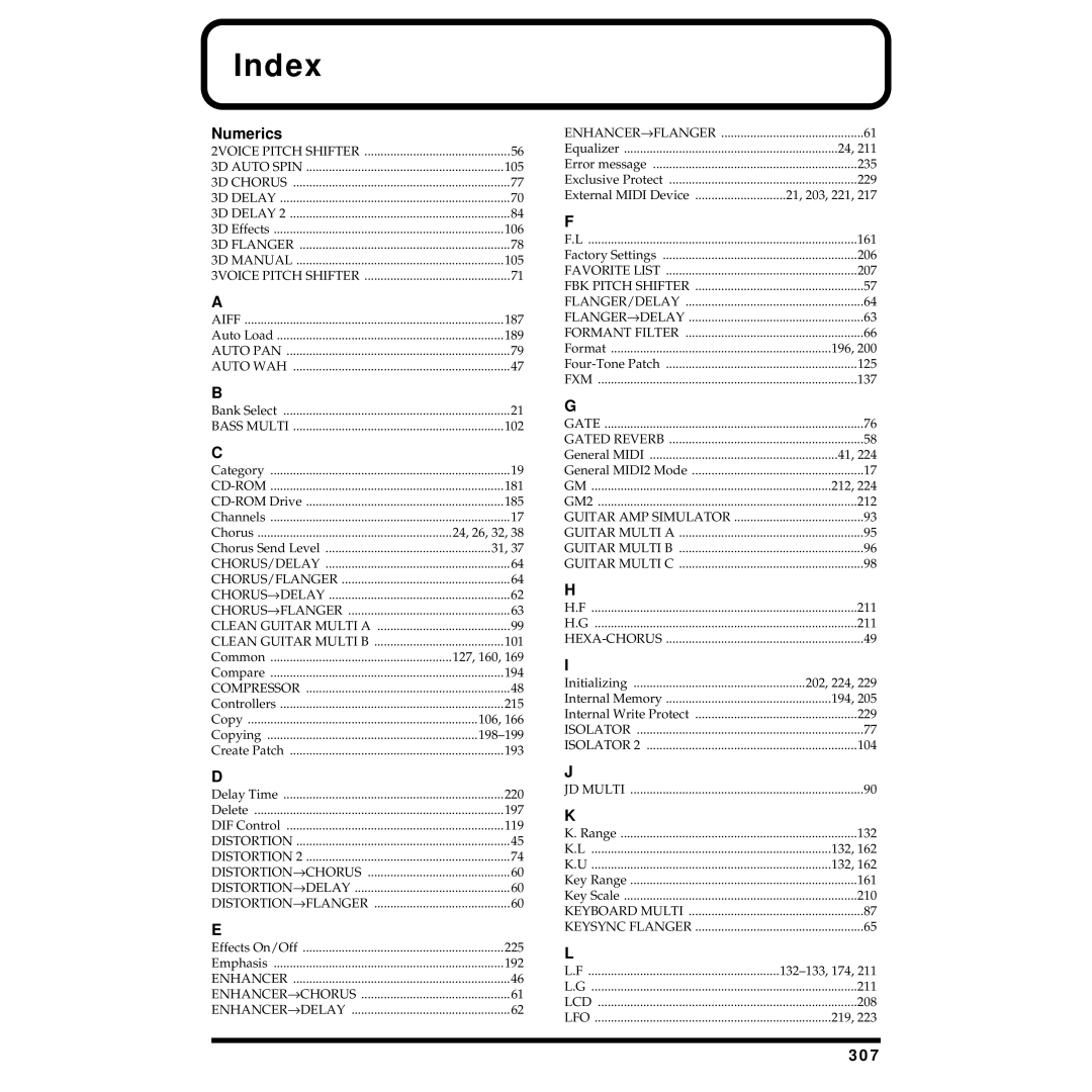 Roland XV-5080 owner manual Index, 307 